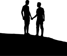 silhouette of two people  walking time hand shake 