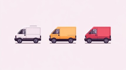 Fototapeta premium Three delivery vans in white, yellow, and red are lined up side by side on a plain background, illustrating transportation and logistics.