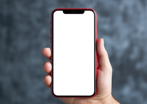 hand holding a Mockup, mobile phone copy space, white blank screen, png transparent layer