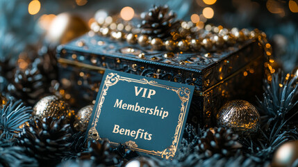 A decorative box with a VIP Membership Benefits card amidst festive holiday decorations and golden ornaments.