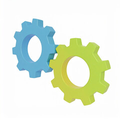 Two interlocking colorful gears representing teamwork connection integration and collaboration against a clean white backdrop