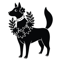 Elegant Black Dog Adorned with a Floral Garland and Collar Standing Against a White Background in a Graphic Style