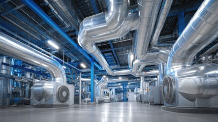 Fototapeta premium A large industrial facility showcases an intricate network of metal pipes and ventilation systems