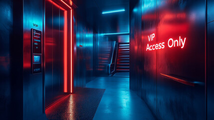 A futuristic VIP access corridor illuminated with blue and red neon lights, featuring a security keypad and stairs in the background.
