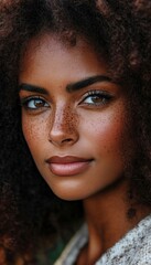 Fototapeta premium Close-up portrait of a beautiful woman with brown eyes, freckles, and curly hair, showcasing natural beauty and facial features.