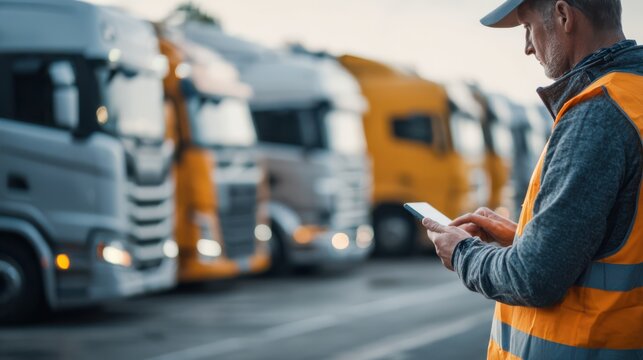 A truck driver wearing a reflective vest is focused on his mobile device while standing near a lineup of parked trucks. The atmosphere is early morning, with soft lighting