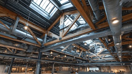 Modern Industrial Loft Interior: Exposed Beams, Metal Ductwork, Skylights, Warm Lighting