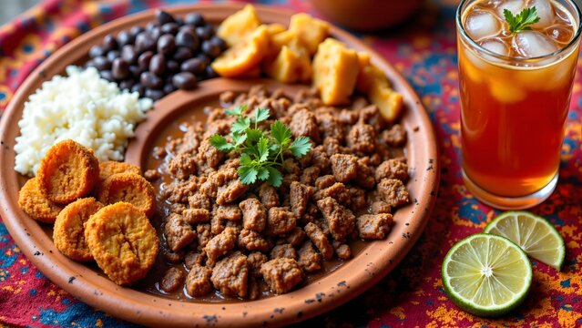 Pabell&oacute;n Criollo Beef, Rice, Black Beans, Tajadas with Papel&oacute;n con Lim&oacute;n Cocktail, Venezuelan Food Photography
