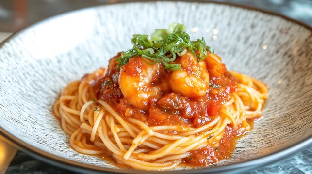 Scampi alla Busara, langoustines in a spicy tomato and white wine sauce, with fresh pasta, rich and flavorful, close up detail on scampi.