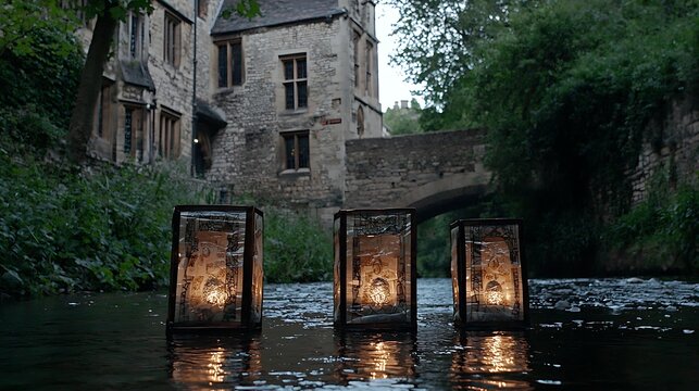 Floating lanterns casting gentle warm light on the calm river surface against the backdrop of a quiet night