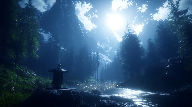 Floating lanterns drifting peacefully on a calm river beneath a bright full moon illuminating the night sky