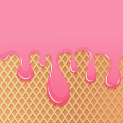 Strawberry ice cream waffle background. Pink dripping glaze on waffle texture