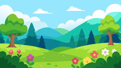 Obraz premium Vibrant cartoon landscape with rolling green hills trees and colorful flowers under a blue sky