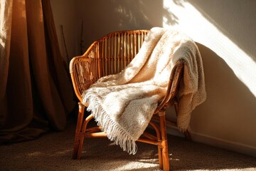 Rattan lounge chair with soft blanket in warm sunlight creates coziness in home, relaxation concept