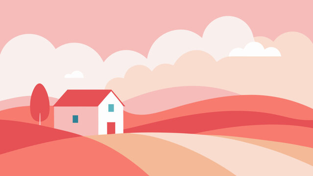 Minimalist house with red roof sits on rolling hills under a pastel sky