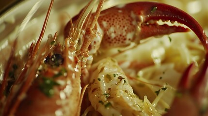 Scampi alla Busara, langoustines in a spicy tomato and white wine sauce, with fresh pasta, rich and flavorful, close up detail on scampi.