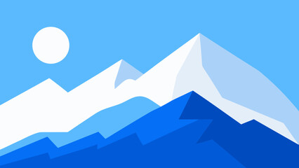 Fototapeta premium Stylized geometric mountain range landscape with a bright sun against a clear blue sky