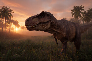 Tyrannosaurus Rex in a prehistoric jungle at sunset dinosaur tropical