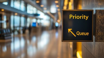 A priority queue sign with an arrow in a modern, blurred airport terminal corridor.