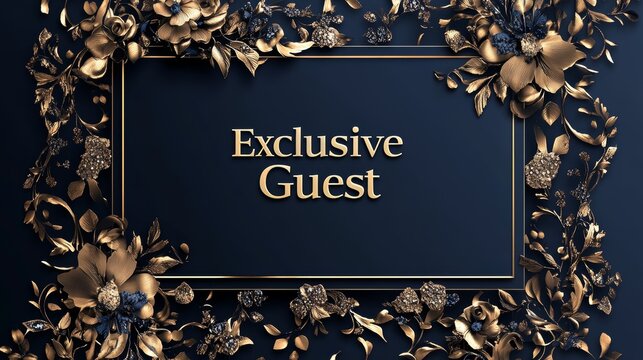 Luxurious dark blue invitation card with gold floral decorations and the text "Exclusive Guest" in the center.