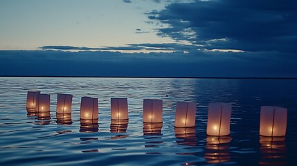 Dark water surface hosting a symmetrical, geometric layout of softly glowing floating lanterns under night sky