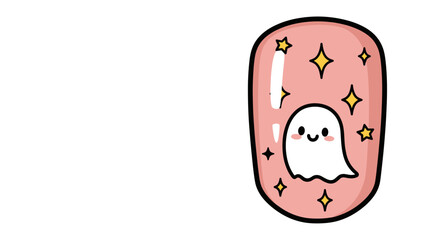 Halloween nail sticker with ghost and stars on pink background, for seasonal decoration, isolated transparent background