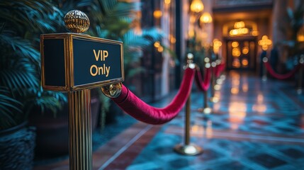 A velvet rope barrier with a "VIP Only" sign in a luxurious, dimly lit corridor, setting an exclusive and elegant atmosphere.