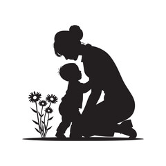 Silhouettes of a mother and her child, a boy, dancing with love and fun, a beautiful black vector illustration of a family