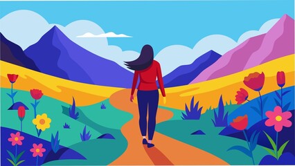 Woman's Solitary Stroll in Nature's Embrace: A vibrant scene unfolds as a woman embarks on a solo journey amidst a kaleidoscope of wildflowers, towering peaks.