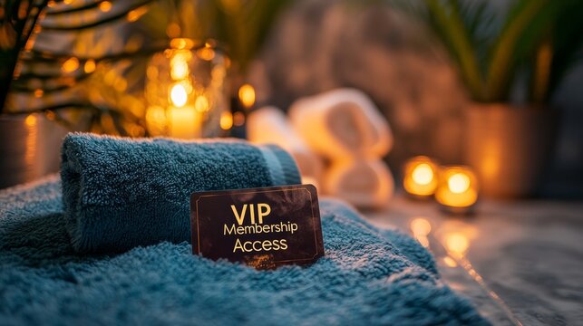A cozy spa setting featuring plush towels, glowing candles, and a VIP membership card, creating an inviting and luxurious atmosphere.