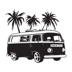 a vintage camper van Silhouette, Vintage Beach Van Vector Silhouette, Adventure Van, Summer vector black and white