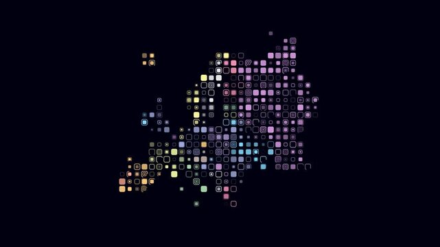 Europe dotted animation. Shape of the continent build of pulsating colored dots. Large size rounded square blocks. Digital style map on dark background. Plain video.
