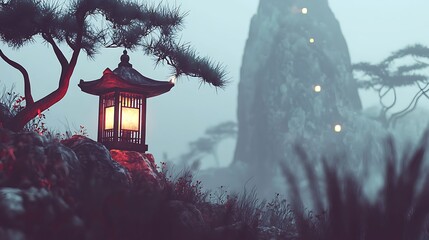Warm lantern light casting soft illumination on a tranquil mountain shrine at dusk, surrounded by calm forest scenery