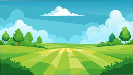 Obraz premium Vibrant Meadow's Embrace: An animated panorama of a rolling green meadow under a bright blue sky, inviting serenity and tranquility. 