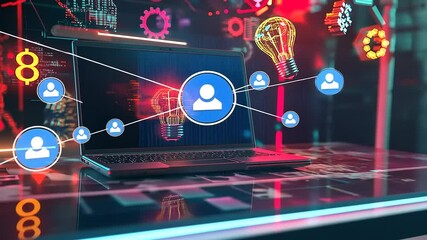 Futuristic digital workspace with glowing lightbulbs and user icons on a laptop screen - Powered by Adobe