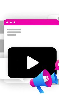 Abstract animation reveals a centrally framed, transparent browser window. Soft pink header, grey content blocks, black video player, megaphone/camera icon, and speech bubbles with hearts smoothly