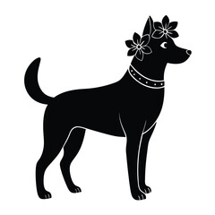 Elegant Black Dog Silhouette Adorned with Floral Crown and Collar, Standing Proudly Against a Clean White Background