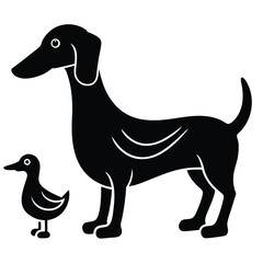Black and White Illustration of a Dachshund Standing Next to a Small Duck with Minimalist Design Elements