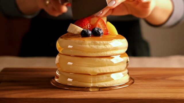 Ultra-8K ASMR Slice of Glass Japanese Pancake with Syrup and Fruit &ndash; Hyperreal Close-Up