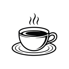 Simple black and white illustration of a steaming cup of coffee on a saucer