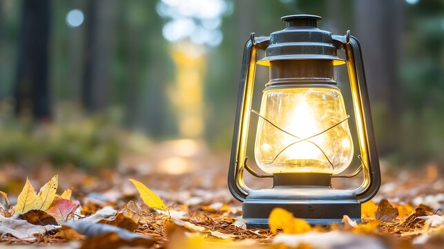 Soft lantern light guiding a foggy forest path as autumn leaves drift down quietly around the glowing trail