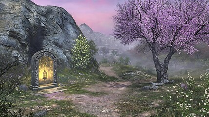 Evening mountain shrine glowing with a gentle lantern light, blending naturally with dusk colors and quiet wilderness