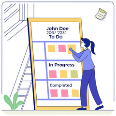 Woman organizing tasks on a kanban board with sticky notes categorized into to do in progress and completed sections for project management