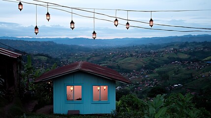 Serene hillside shrine glowing under the warm light of hanging lanterns during peaceful twilight hours