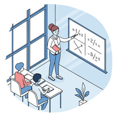 A teacher stands at a whiteboard in a bright classroom explaining a math lesson with equations and diagrams to two attentive students sitting at desks
