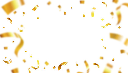 Gold confetti and ribbon background. Bright gold glitter confetti, ribbon, stars celebration, serpentine on white background. vector illustration