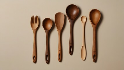 Handcrafted Wooden Kitchen Utensils Set with Ladles, Forks, and Serving Spoons on Beige Background