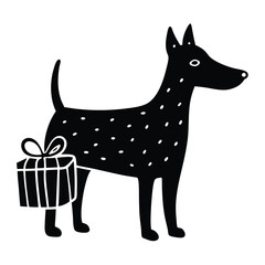 Stylized Black Dog with White Spots Carrying a Striped Gift Box in a Whimsical, Minimalist Artistic Expression