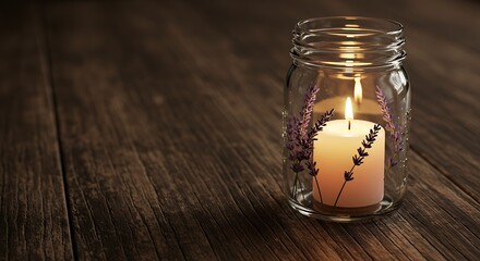 A mason jar candle holder with dried lavender, lit candle, on a wooden table.