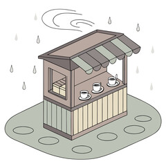 A charming isometric illustration of a small rustic coffee stand with three cups of coffee displayed on the counter during a gentle rain shower with swirling wind